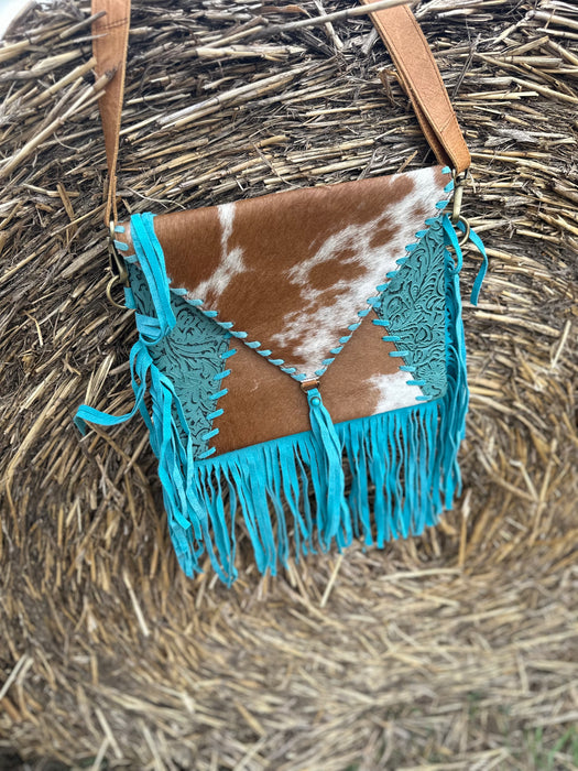 Bylong Valley A - Hide & Tooled Turquoise Leather Tassled Crossbody Handbag