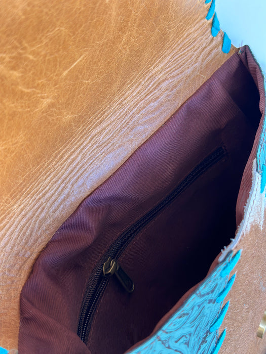 Bylong Valley A - Hide & Tooled Turquoise Leather Tassled Crossbody Handbag
