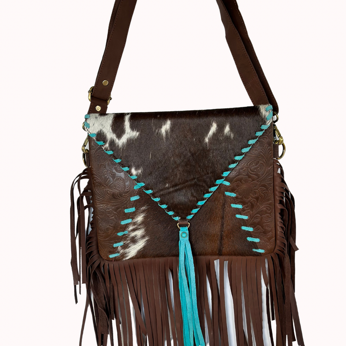 Bylong Valley B - Hide & Tooled Turquoise Leather Tassled Crossbody Handbag