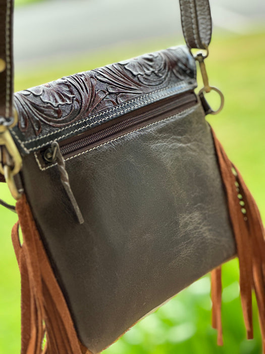 “Anny” Hide & Tooled Leather Fold-Over Shoulder Bag 01